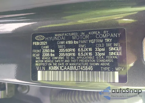 2021 Hyundai Kona Se из США, поврежденный, VIN KM8K1CAA8MU745846